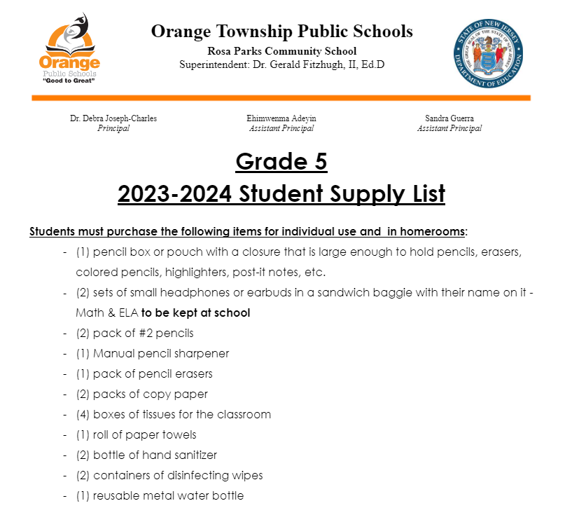 English 5th grade supply list